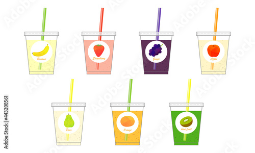 Illustration set of 7 kinds of fresh fruit smoothies (white background, vector, cut out)