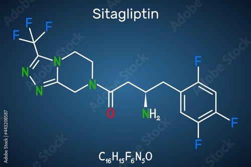 Sitagliptin anti-diabetic medication drug molecule. It is trifluorobenzene and triazolopyrazine with hypoglycemic activity. Structural chemical formula on the dark blue background. Vector