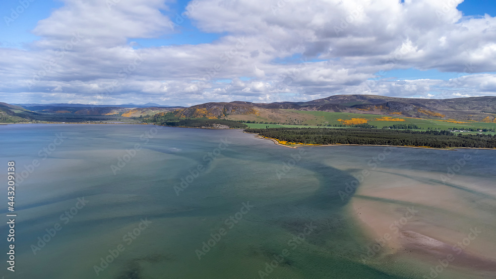 An aerial view of Loch Fleet in the Scottish Highlands, UK
