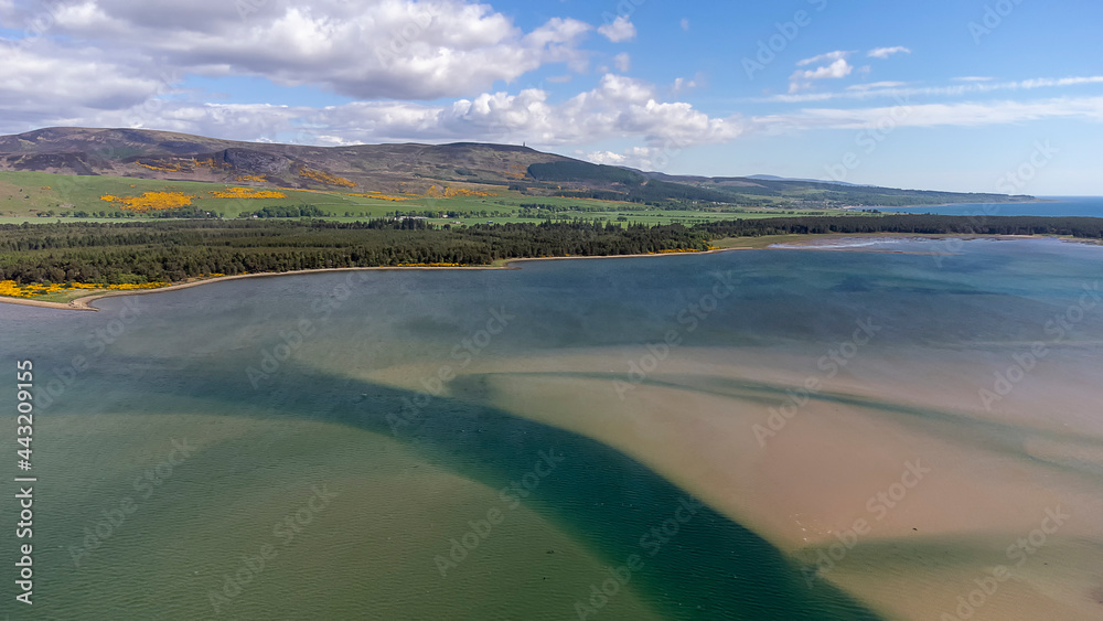 An aerial view of Loch Fleet in the Scottish Highlands, UK