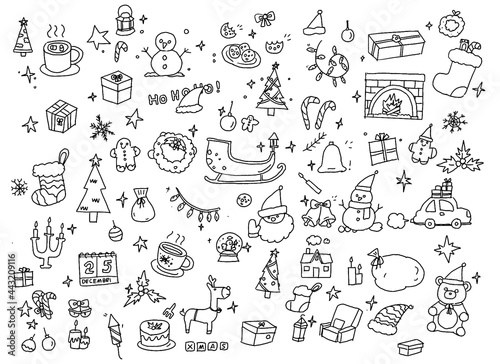 Christmas doodle set isolated with clipping path on white background in children handdraw pencil drawing sketch style for design element