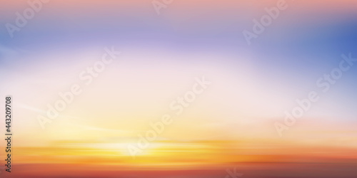 Sunrise in Morning in Orange,Yellow,Pink and purple pastel sky, Dramatic twilight landscape with Sunset in evening, Vector mesh horizon Sky banner of sunrise or sunlight for four seasons background © Anchalee