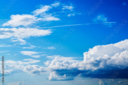 Summer Blue Sky and white cloud white background. Beautiful clear cloudy in sunlight calm season. Panoramic vivid cyan cloudscape in nature environment. Outdoor horizon skyline with spring sunshine.