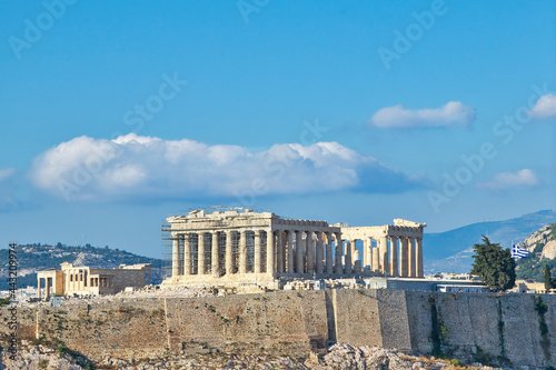 Acropolis, Parthenon, Athens, Greece, summer 2021, as seen from the hill of Philopapos