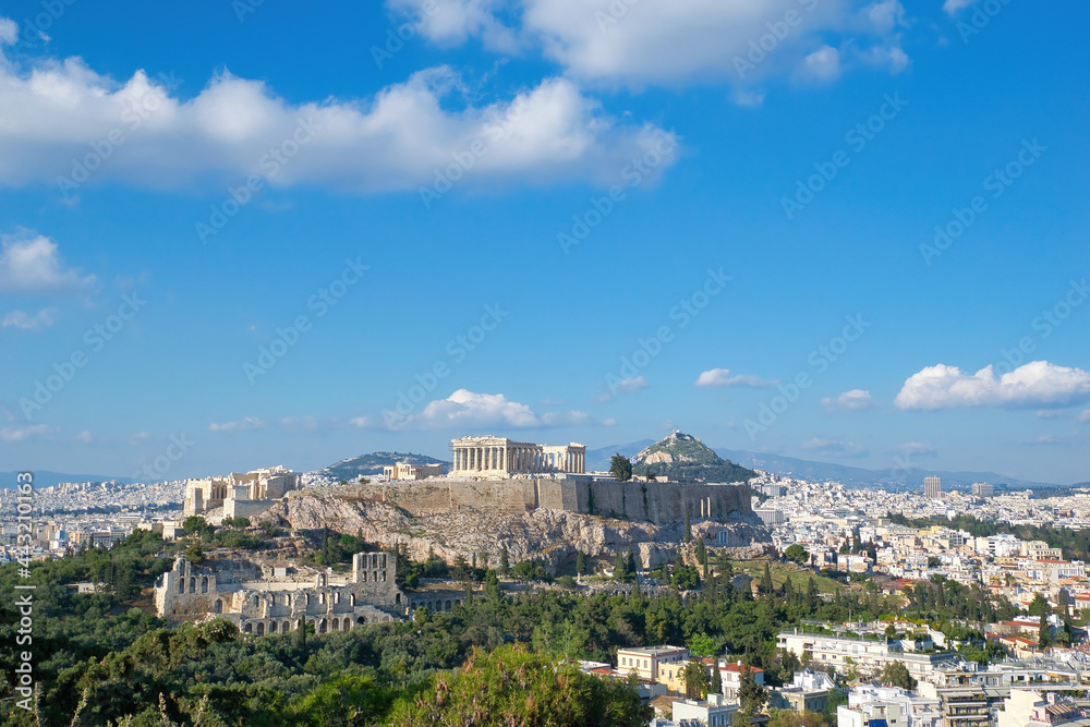 Acropolis, Parthenon, Athens, Greece,  summer 2021, as seen from the hill of Philopapos