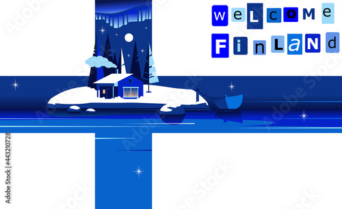 A Finnish winter landscape with snow, fir trees, sea, a small wooden house and northern lights in the sky, placed in a silhouette of a Finnish flag.  Finnish / Lapland / Nordic countryside. 