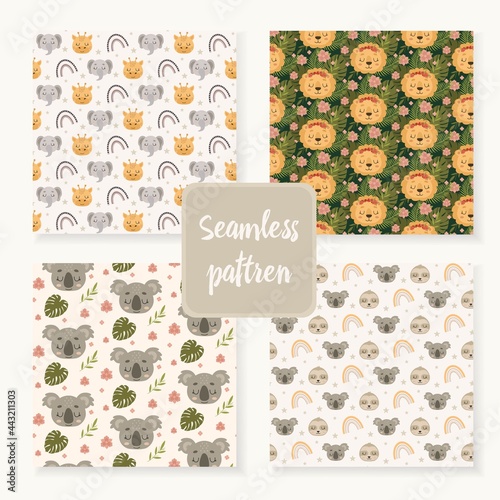 Set of baby seamless patterns. Cartoon animal. Jungle character. Seamless background pattern set. Vector illustration Hand drawn style.