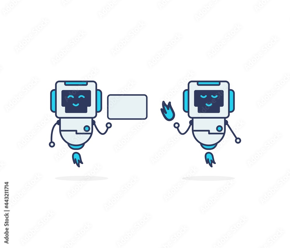 Two mascot cute robot take fire and white board simple pose