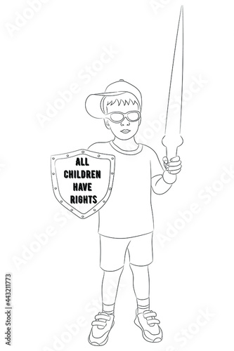 Sketch portrait of a boy in a cap and sunglasses with a sword in one hand and a shield in the other, the inscription on the shield: "All children have rights"