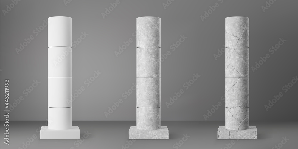 Concrete cylindrical columns with cracks set isolated on grey background. Realistic cement 3d pillar for modern room interior or bridge construction. Vector textured concrete pole base for billboard Concrete cylindrical columns with cracks set isolated on grey background. Realistic cement 3d pillar for modern room interior or bridge construction. Vector textured concrete pole base for billboard