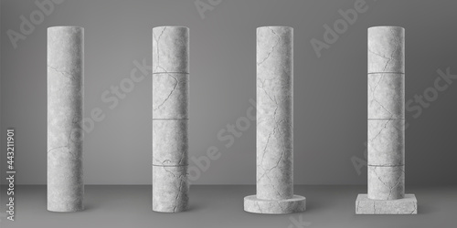 Concrete broken cylindrical columns set with cracks isolated on grey background. Realistic old cement 3d pillar for modern room interior or bridge construction. Textured concrete pole base for banners