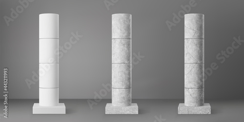 Concrete cylindrical columns with cracks set isolated on grey background. Realistic cement 3d pillar for modern room interior or bridge construction. Vector textured concrete pole base for billboard