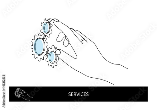 One line art for services category or settings. Linear hand touch gears