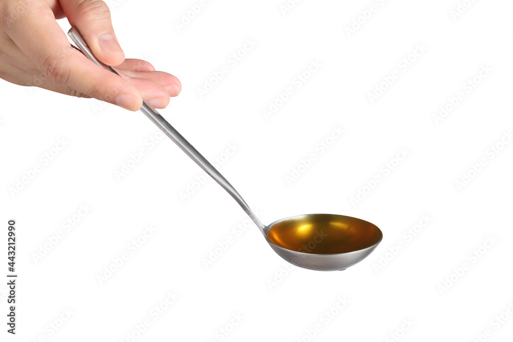 Hand holding noodle soup in dipper on white background, Soup for sukiyaki from chicken and fish Hand holding noodle soup in dipper on white background, Soup for sukiyaki from chicken and fish