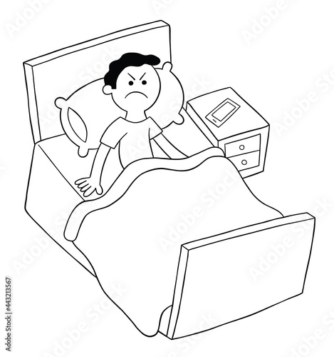 Cartoon man is in bed but angry, can't sleep, vector illustration