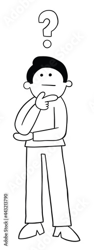 Cartoon standing young man thoughtful, vector illustration