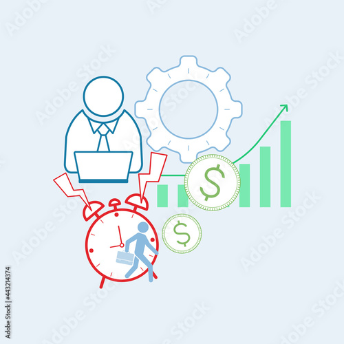 Time is money, efficiency is life pictogram. Ringing alarm clock and wake-up, efficient worker with gearwheel, bar graph with rising arrow and falling dollar coins. Vector illustration.