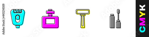 Set Epilator, Perfume, Shaving razor and Mascara brush icon. Vector