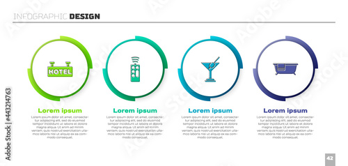 Set Signboard with text Hotel, Remote control, Martini glass and Bathtub. Business infographic template. Vector