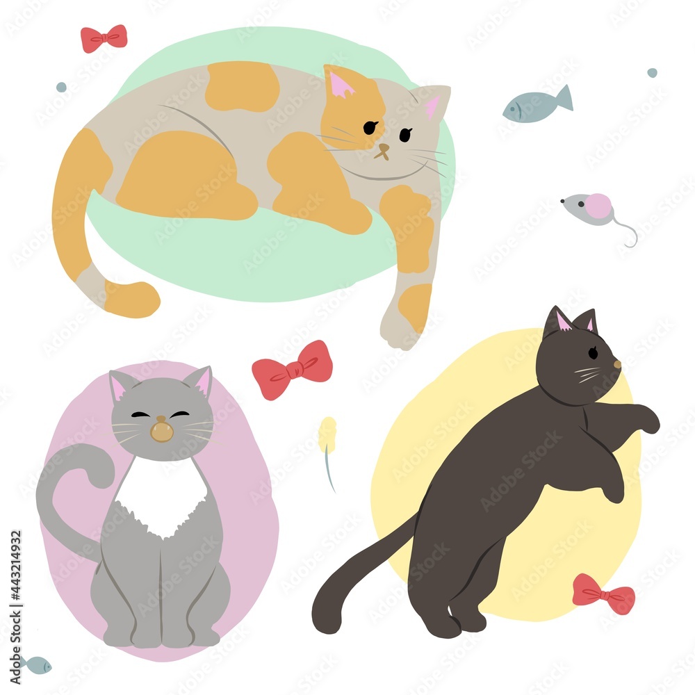 Bright illustration of cute fluffy kittens of different colors. Pets that give love