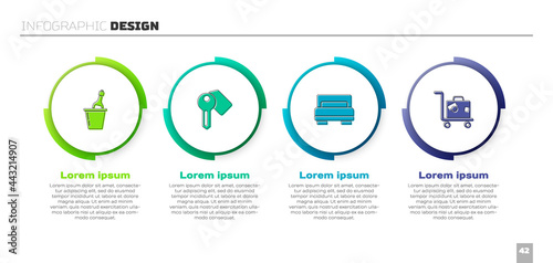 Set Champagne in an ice bucket, Hotel door lock key, room bed and Suitcase. Business infographic template. Vector