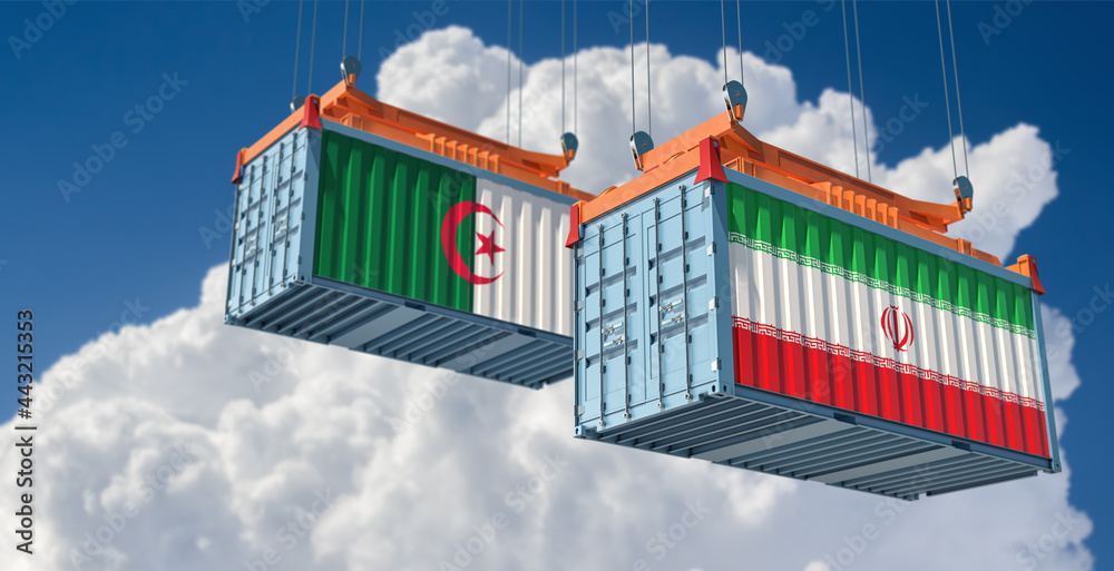 Freight containers with Algeria and Iran flag. 3D Rendering Freight containers with Algeria and Iran flag. 3D Rendering