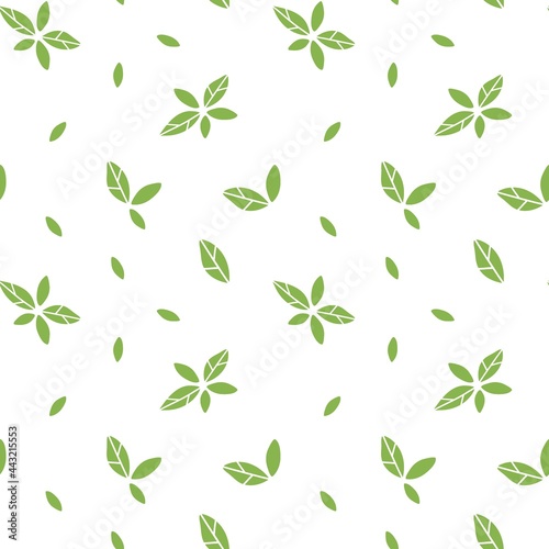 Simple seamless pattern. Hand drawn green leaves, trendy organic delicious herbs on white, minimal style. Decor textile, wrapping paper wallpaper vector print or fabric