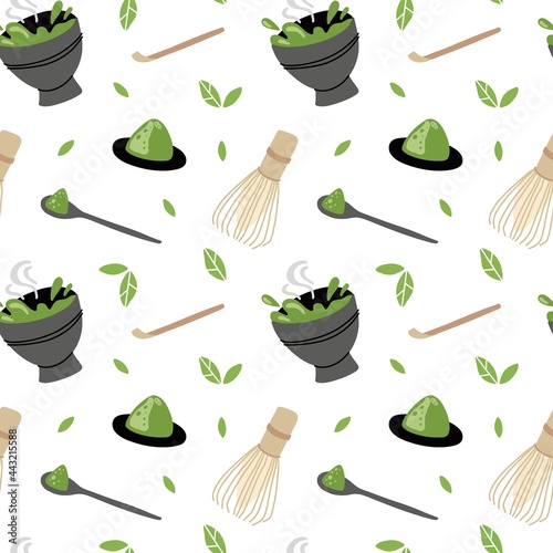 Matcha seamless pattern. Hand drawn traditional japanese drink, cup with latte, chinese green tea, trendy organic delicious beverage. Decor textile, wrapping paper wallpaper, vector print or fabric