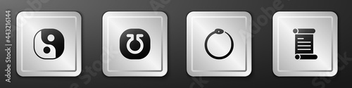 Set Yin Yang, Life, Ouroboros and Decree, parchment, scroll icon. Silver square button. Vector