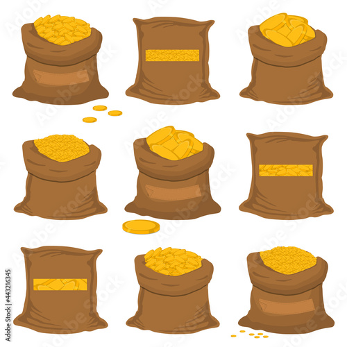 Illustration on theme big colored set different types bags, full sack of coins
