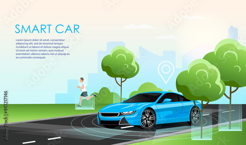 Smart self-driving car concept. Autonomous autopilot smart driverless electric car self-driving on road behind a man running. Vector illustration