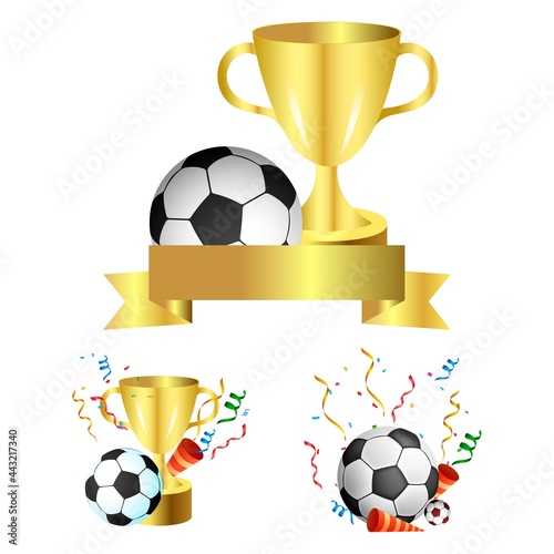 Golden winning trophy vector collection with a football for soccer match celebration. Golden color trophy collection for winning team celebration.
