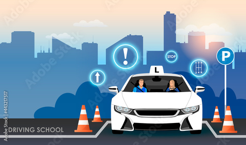 Driving school. Driving lessons, license, instruction, passing test, ID card, international permit, exam preparation. Vector illustration
