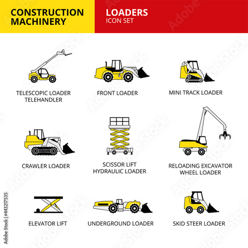 loaders vehicle and transport construction machinery icons set vector