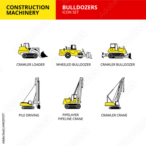 bulldozer vehicle and transport construction machinery icons set vector