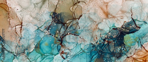 Alcohol ink background with golden design elements, luxury hand painted artwork, turquoise and orange accent, trendy wallpaper decoration