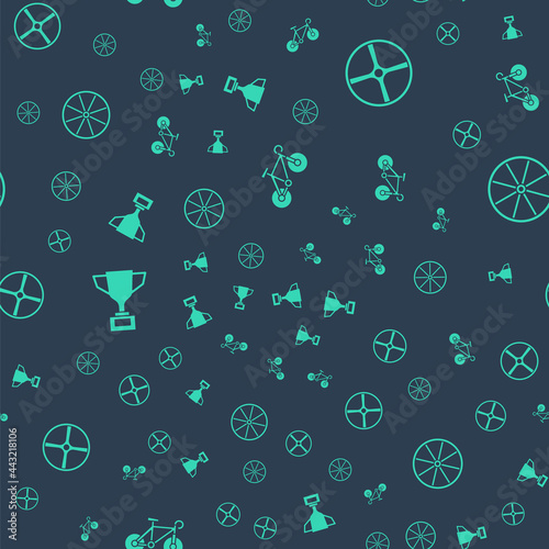 Set Bicycle, wheel, Award cup with bicycle and on seamless pattern. Vector