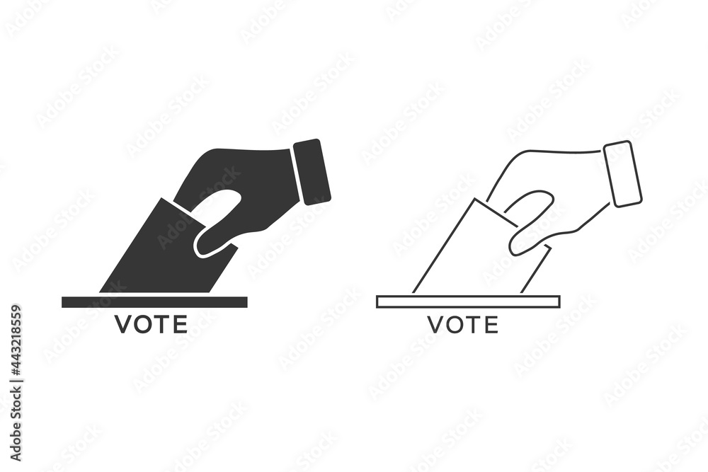 Flat hand putting vote bulletin into ballot box icon set. Election concept sign