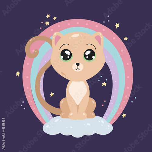 Cute childish illustration of cat on a cloud with a rainbow and stars on dark background. Flat picture of a kitten for postcards. Sweet Dreams. Vector animalistic picture in the night