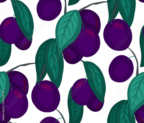 Seamless flat texture with plums on branches with foliage on white background. Cartoon pattern with fruits on stems. Hand-drawn wallpaper with berries. Vector natural fabric of garden