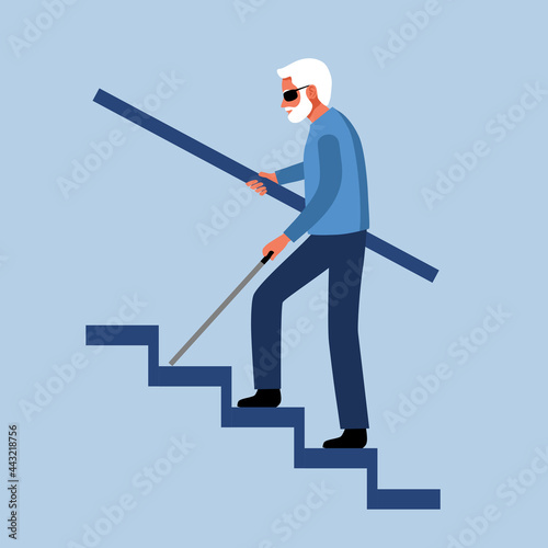 Blind man with stick walking up stairs in flat design. 
