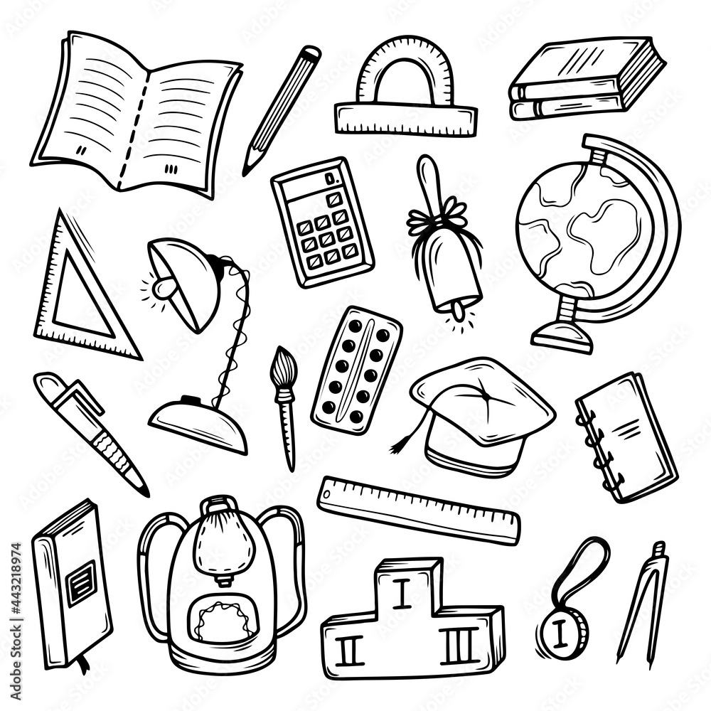 Set of hand drawn school subjects isolated on a white background