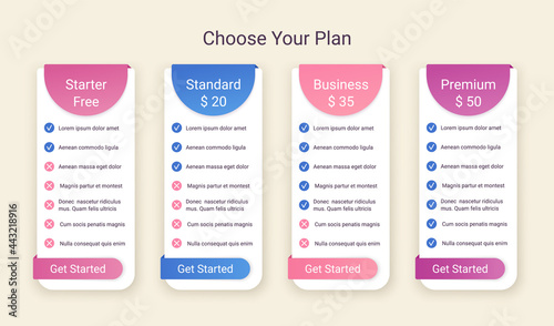 Price table template. Comparison chart grid. Vector. Pricing data layout. Spreadsheet page with 4 columns. Comparative subscription. Purchase menu with options. Checklist tariff. Simple illustration.