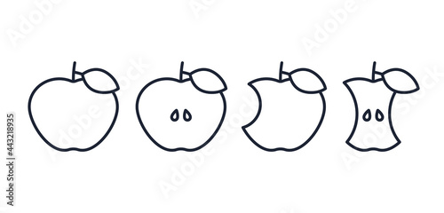 Apple icon. Vector. Half, bitten, whole and apple core in line art design. Outline signs isolated on white background. Ripe healthy fruits with editable stroke. Simple illustration. Set linear symbols