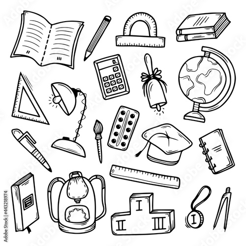 Set of hand drawn school subjects isolated on a white background. Doodle, simple outline illustration. It can be used for decoration of textile, paper and other surfaces.
