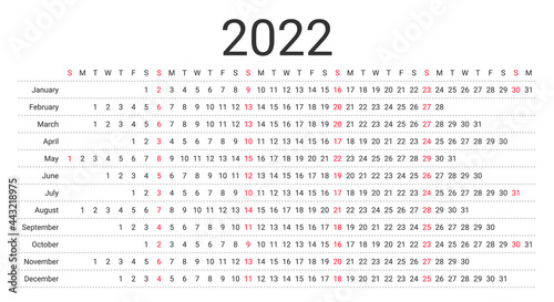 2022 linear calendar. Planner template for year. Yearly calender layout with 12 months. Vector. Annual schedule grid. Week starts Sunday. Landscape horizontal orientation, english. Simple illustration