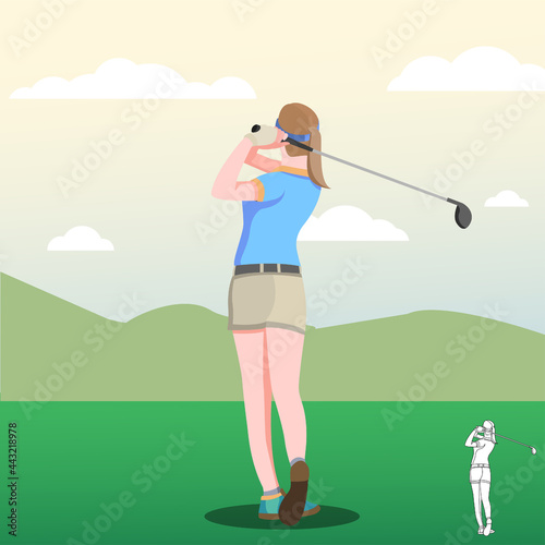 Golf playing. women training with golf clubs on green grass, cartoon vector illustration. female character in different position.	