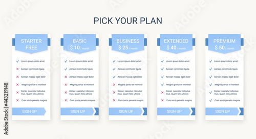 Table chart template. Price comparison layout. Vector. Pricing data grid. Spreadsheet page with 5 columns. Purchase menu. Comparative subscription. Checklist tariff with options. Simple illustration.