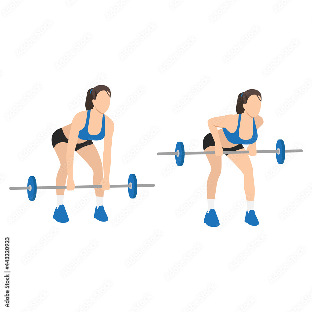 Woman doing Bent over barbell rows exercise. Flat vector