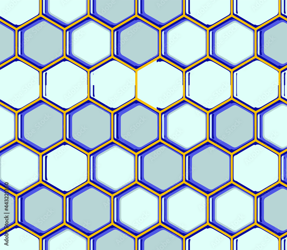 Vector seamless geometric pattern with gold foil outline and deep blue watercolor polygons. Modern hexagon tile abstract background Vector seamless geometric pattern with gold foil outline and deep blue watercolor polygons. Modern hexagon tile abstract background